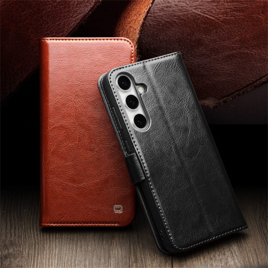 6601135311A-2 QIALINO For Samsung Galaxy S24 FE Wallet Case Waxy Genuine Cow Leather Flip Phone Cover