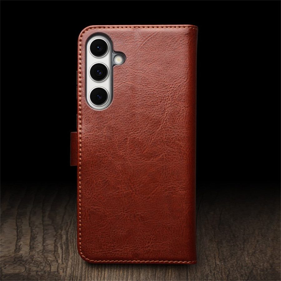 6601135311A-3 QIALINO For Samsung Galaxy S24 FE Wallet Case Waxy Genuine Cow Leather Flip Phone Cover