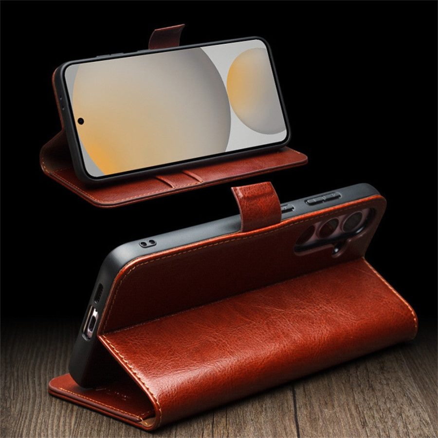 6601135311A-4 QIALINO For Samsung Galaxy S24 FE Wallet Case Waxy Genuine Cow Leather Flip Phone Cover