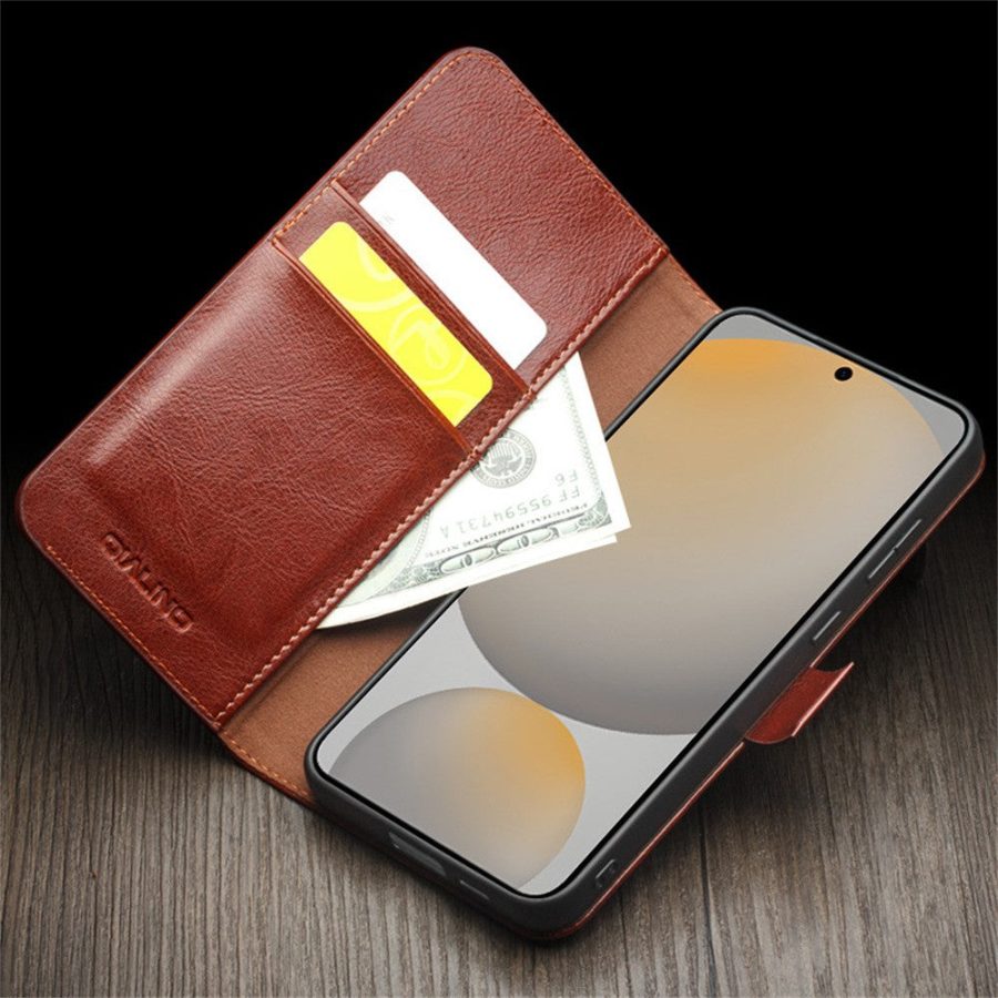 6601135311A-5 QIALINO For Samsung Galaxy S24 FE Wallet Case Waxy Genuine Cow Leather Flip Phone Cover