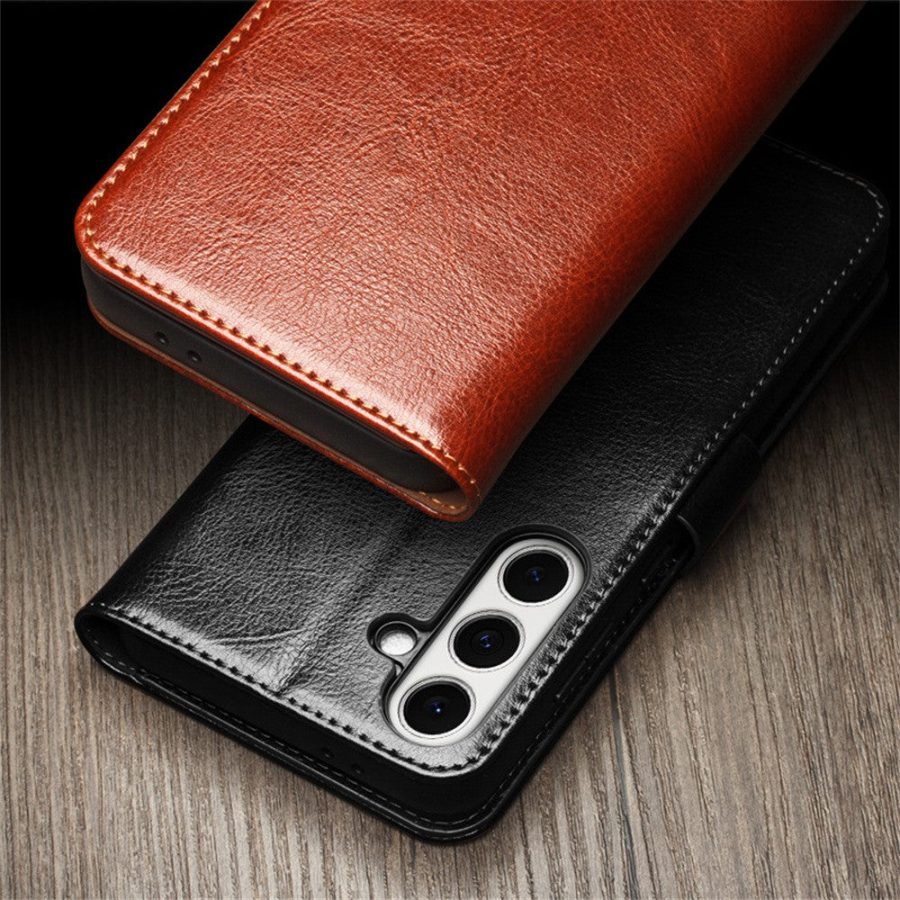 6601135311A-6 QIALINO For Samsung Galaxy S24 FE Wallet Case Waxy Genuine Cow Leather Flip Phone Cover