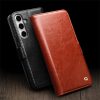6601135311A-7 QIALINO For Samsung Galaxy S24 FE Wallet Case Waxy Genuine Cow Leather Flip Phone Cover