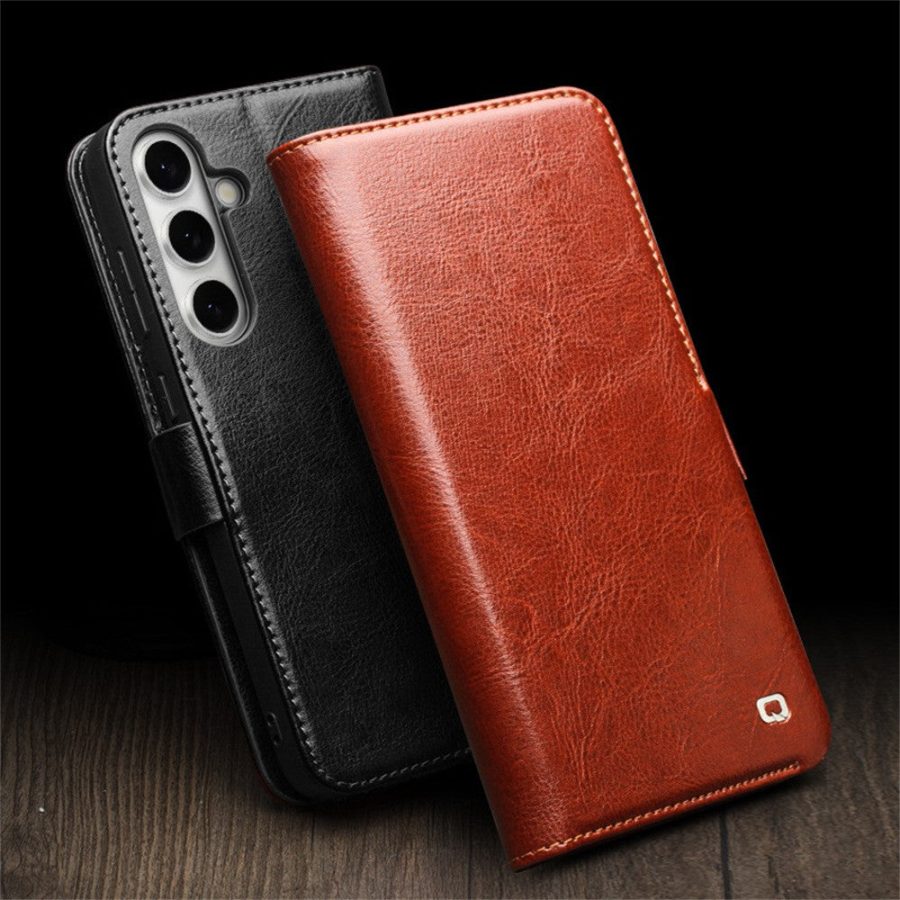 6601135311A-7 QIALINO For Samsung Galaxy S24 FE Wallet Case Waxy Genuine Cow Leather Flip Phone Cover