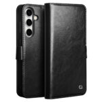 QIALINO For Samsung Galaxy S24 FE Wallet Case Waxy Genuine Cow Leather Flip Phone Cover