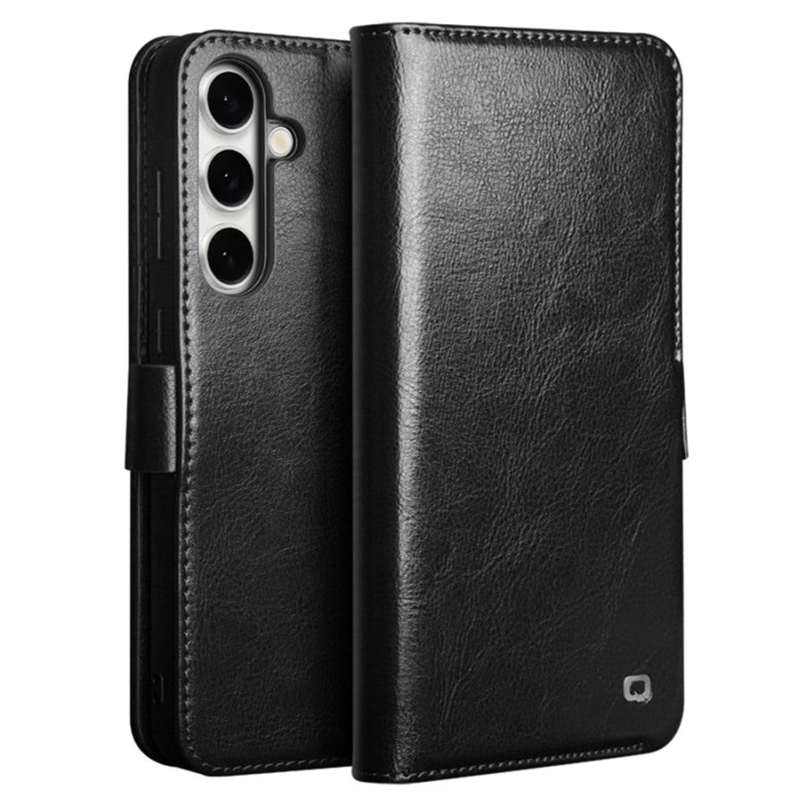 6601135311B-1 QIALINO For Samsung Galaxy S24 FE Wallet Case Waxy Genuine Cow Leather Flip Phone Cover