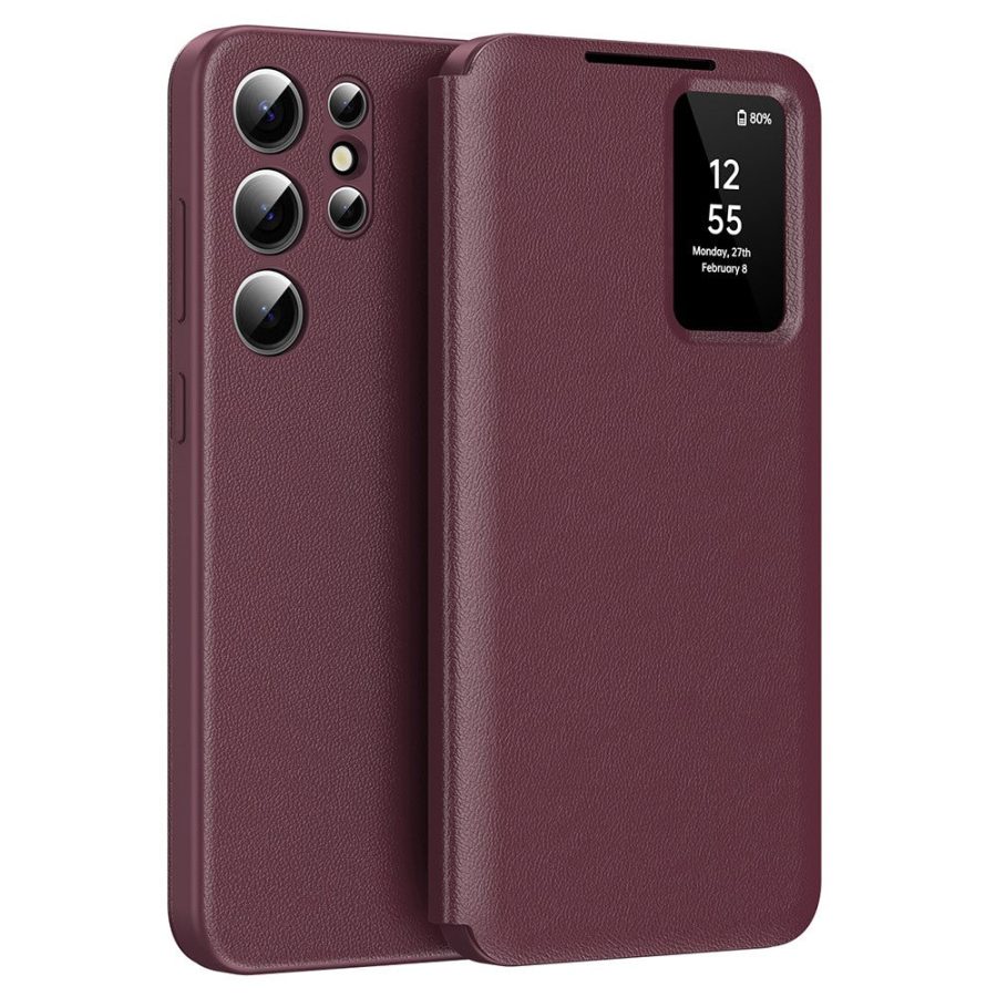 6601138053D-1 Flip Leather Case For Samsung Galaxy S24 Ultra / S24 Series with Smart View Window and Card Slot Phone Cover