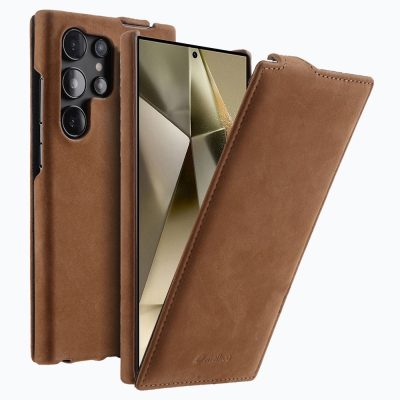 6601140053A-1 MELKCO Bovine Genuine Leather Case for Samsung Galaxy S25 Ultra Vertical Flip Cover