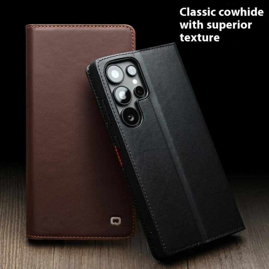 6601140203A-4 QIALINO For Samsung Galaxy S25 Ultra Case Wallet Flip Stand Genuine Leather Phone Cover