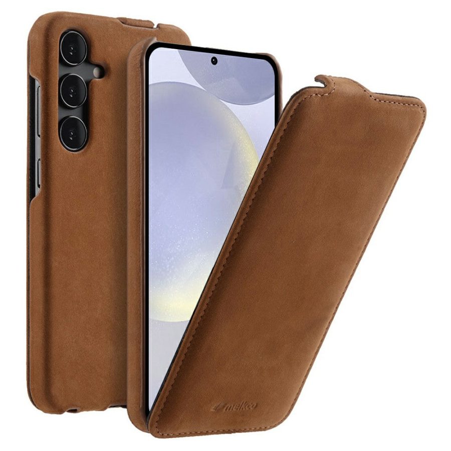 6601144347B-1 MELKCO Bovine Genuine Leather Case for Samsung Galaxy S25 Vertical Flip Cover
