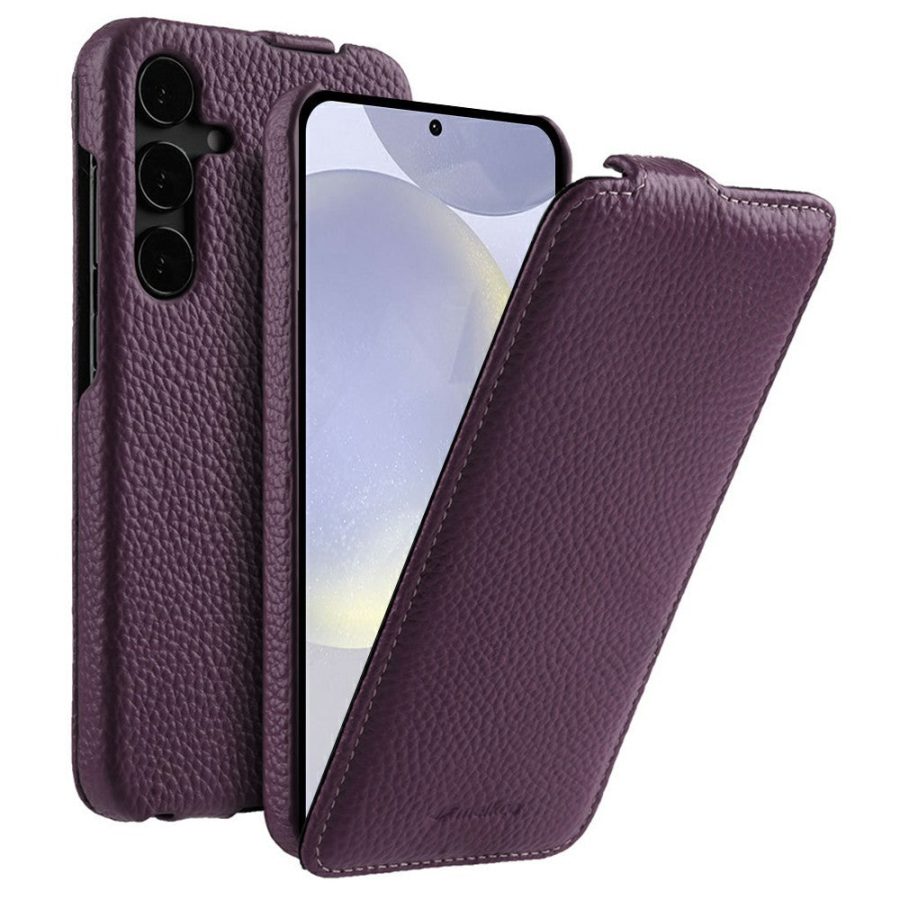 6601144347E-1 MELKCO Bovine Genuine Leather Case for Samsung Galaxy S25 Vertical Flip Cover