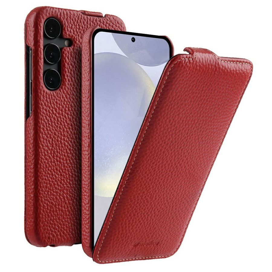 6601144347F-1 MELKCO Bovine Genuine Leather Case for Samsung Galaxy S25 Vertical Flip Cover