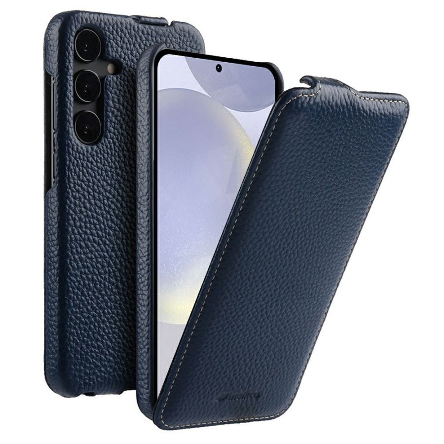 6601144348C-1 MELKCO Bovine Genuine Leather Case for Samsung Galaxy S25+ Vertical Flip Cover