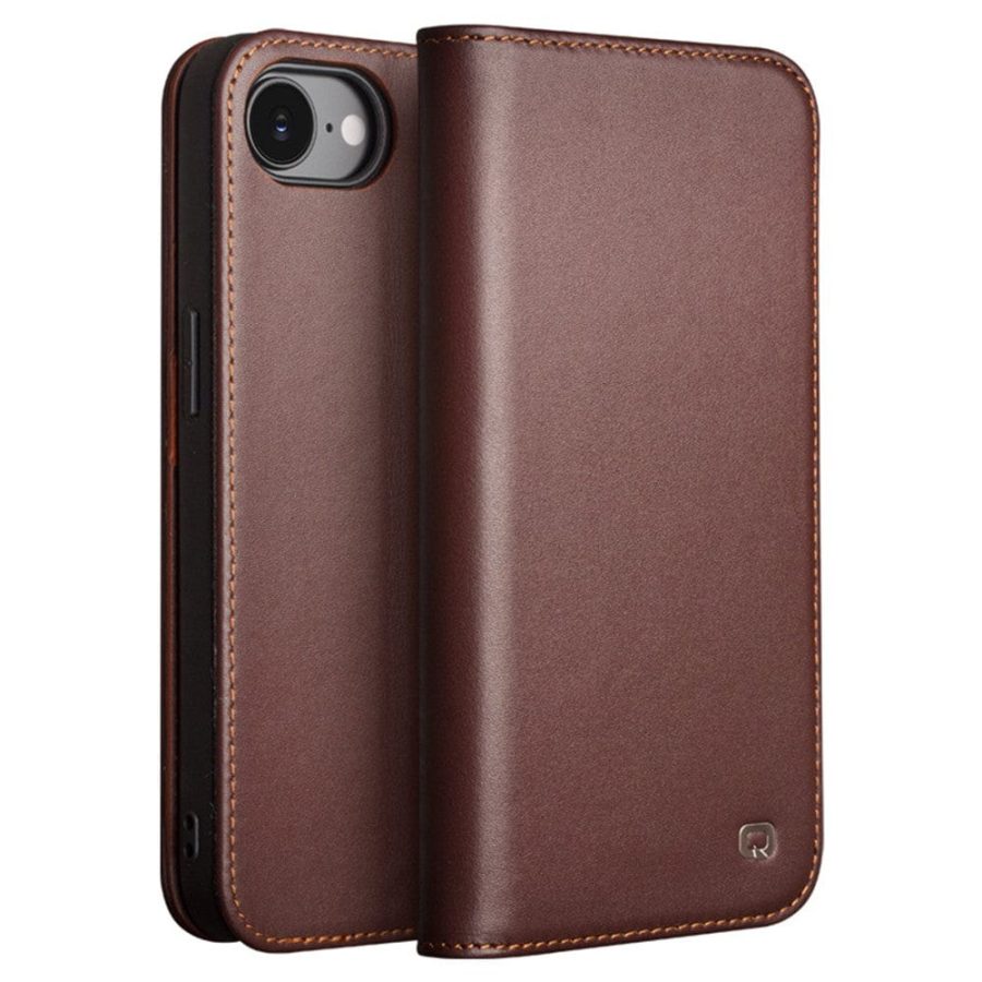 QIALINO For iPhone 16e Stand Case Anti-Drop Genuine Leather Wallet Phone Cover