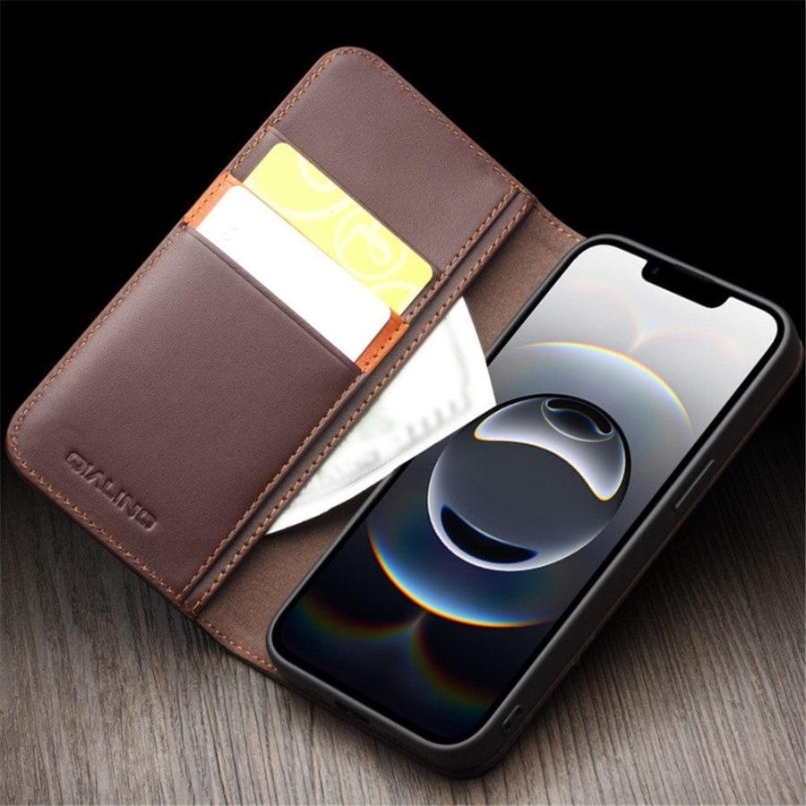 QIALINO For iPhone 16e Stand Case Anti-Drop Genuine Leather Wallet Phone Cover