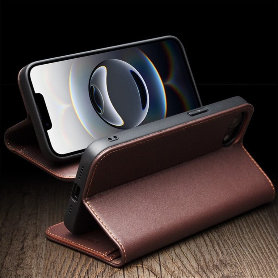 QIALINO For iPhone 16e Stand Case Anti-Drop Genuine Leather Wallet Phone Cover
