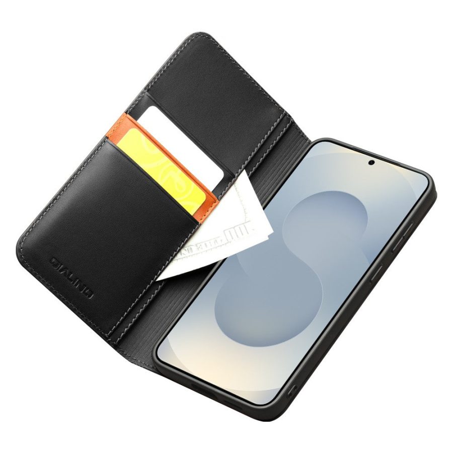 QIALINO For Samsung Galaxy S25 Edge Wallet Case Genuine Leather Flip Stand Phone Cover