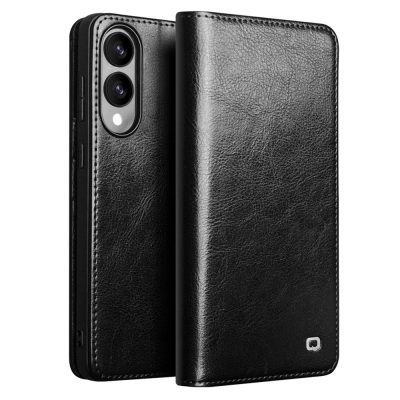 QIALINO For Samsung Galaxy S25 Edge Wallet Case Waxy Genuine Leather Flip Stand Phone Cover