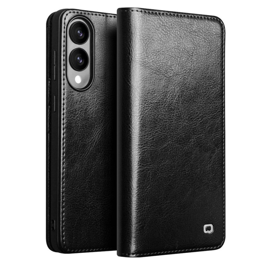 QIALINO For Samsung Galaxy S25 Edge Wallet Case Waxy Genuine Leather Flip Stand Phone Cover