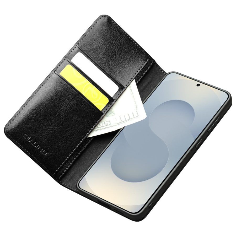 QIALINO For Samsung Galaxy S25 Edge Wallet Case Waxy Genuine Leather Flip Stand Phone Cover