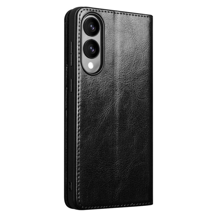 QIALINO For Samsung Galaxy S25 Edge Wallet Case Waxy Genuine Leather Flip Stand Phone Cover