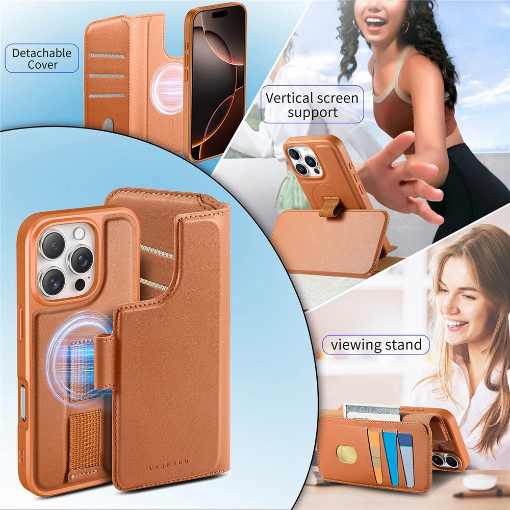 CASENEO For iPhone 16 Pro Max Magnetic Case RFID Blocking Wallet Detachable Leather Phone Cover with Wristband - Image 18
