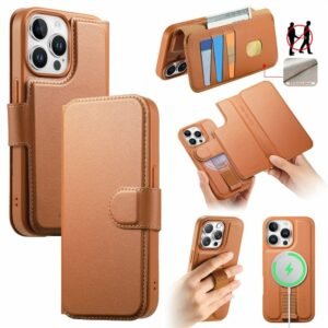 CASENEO For iPhone 15 Pro Max Magnetic Case RFID Blocking Wallet Detachable Leather Phone Cover with Wristband