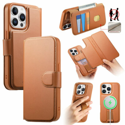 CASENEO For iPhone 15 Pro Magnetic Case RFID Blocking Wallet Detachable Leather Phone Cover with Wristband