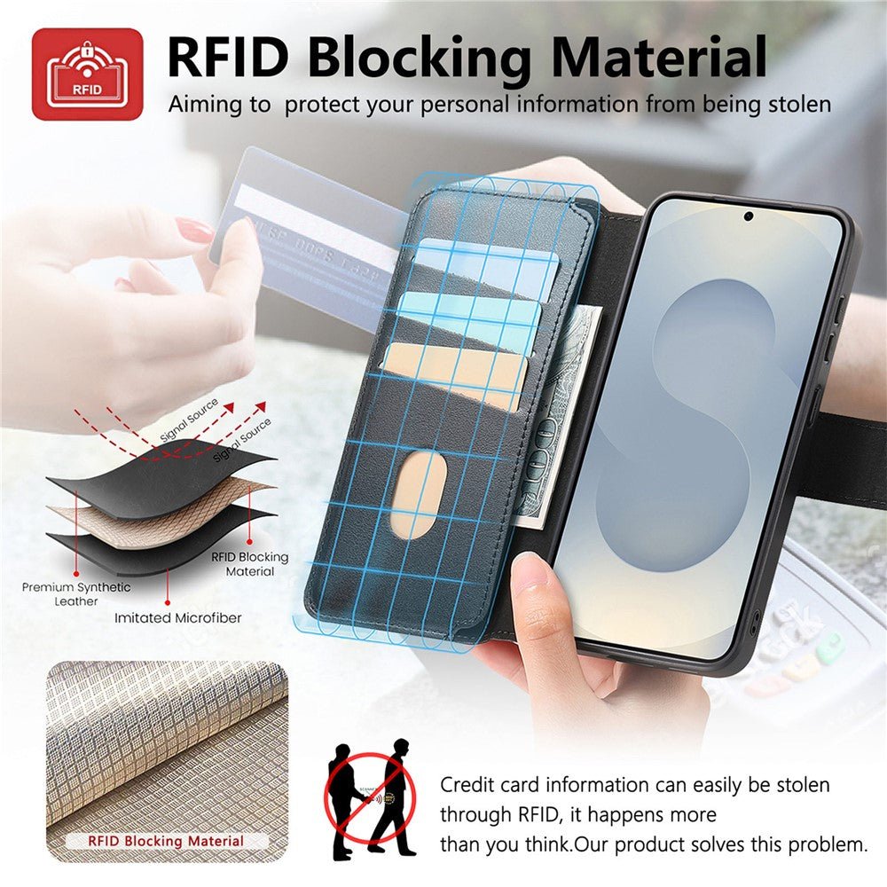 CASENEO For Samsung Galaxy S25 Magnetic Case RFID Blocking Detachable Wallet Leather Phone Cover with Wristband - Image 9