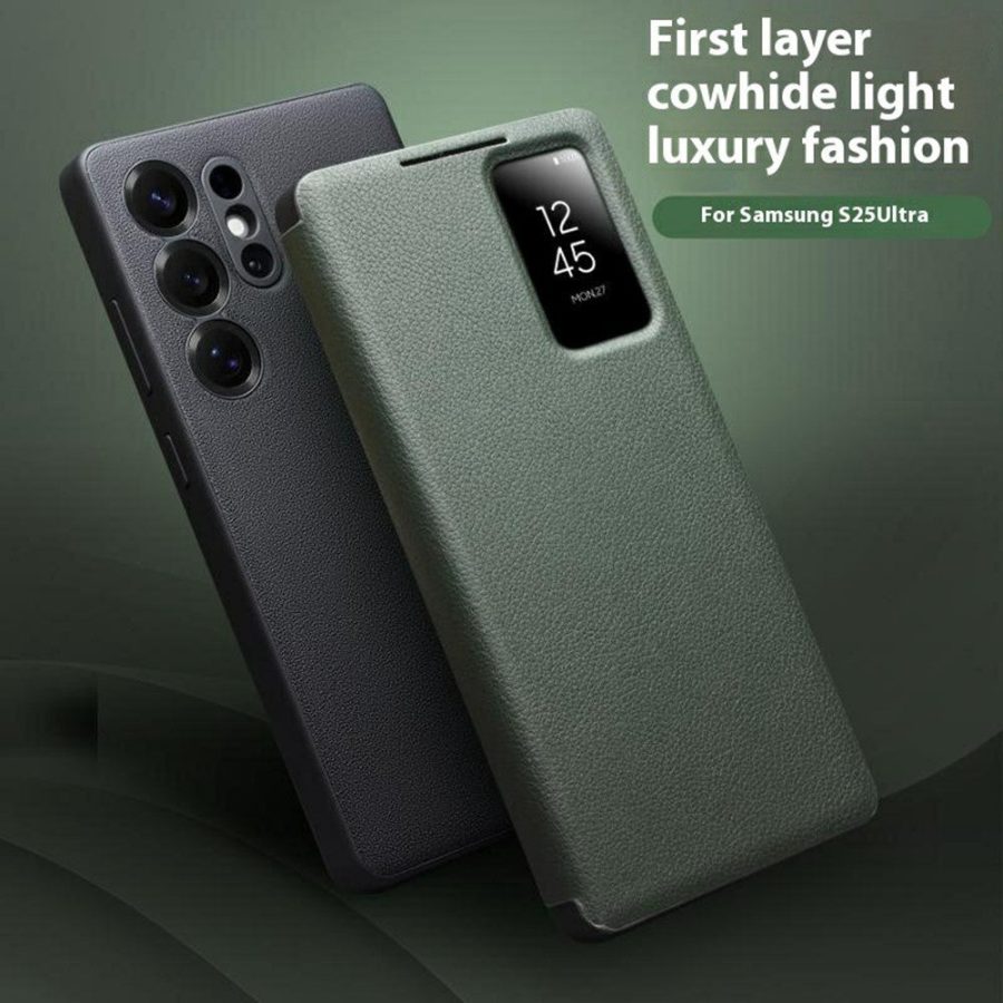 6601156452A-6 QIALINO For Samsung Galaxy S25 Ultra Case Smart View Window Genuine Cowhide Leather Flip Cover with Card Holder