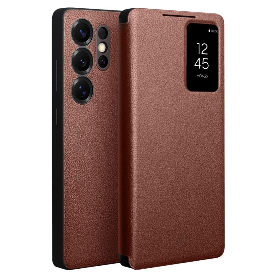 6601156452C-1 QIALINO For Samsung Galaxy S25 Ultra Case Smart View Window Genuine Cowhide Leather Flip Cover with Card Holder