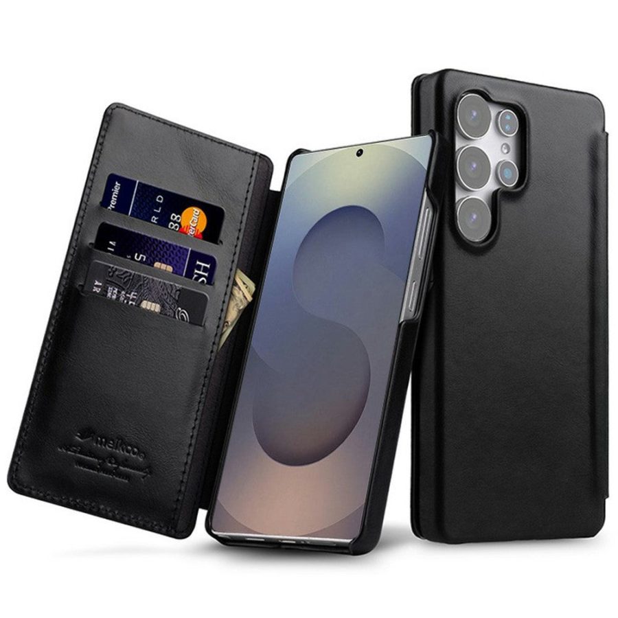 MELKCO Premium Waxy Genuine Leather Case for Samsung Galaxy S25 Ultra Flip Phone Cover with Card Slots