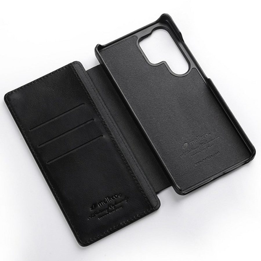 MELKCO Premium Waxy Genuine Leather Case for Samsung Galaxy S25 Ultra Flip Phone Cover with Card Slots
