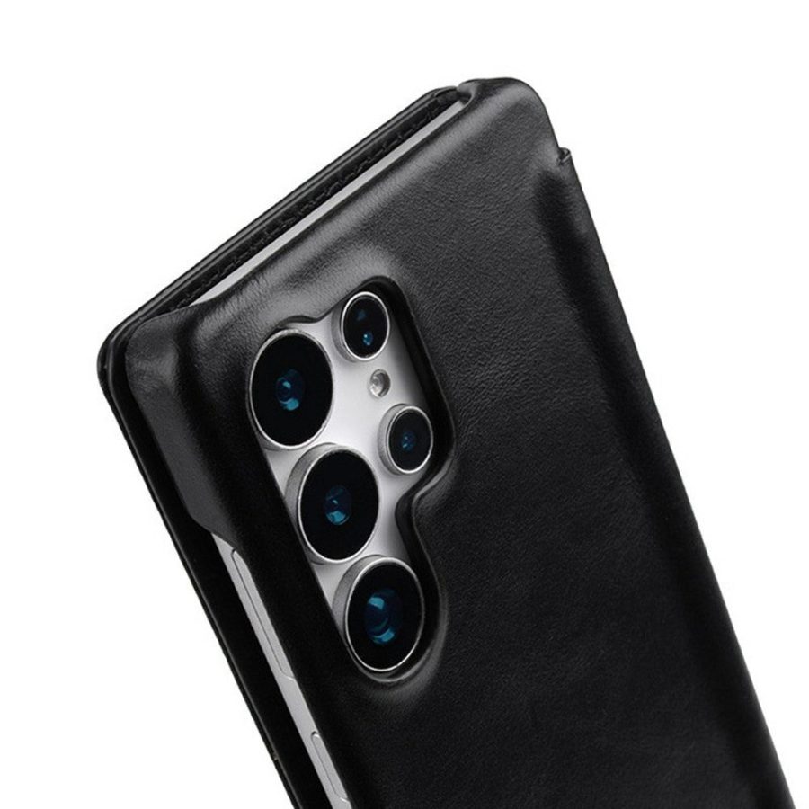 MELKCO Premium Waxy Genuine Leather Case for Samsung Galaxy S25 Ultra Flip Phone Cover with Card Slots