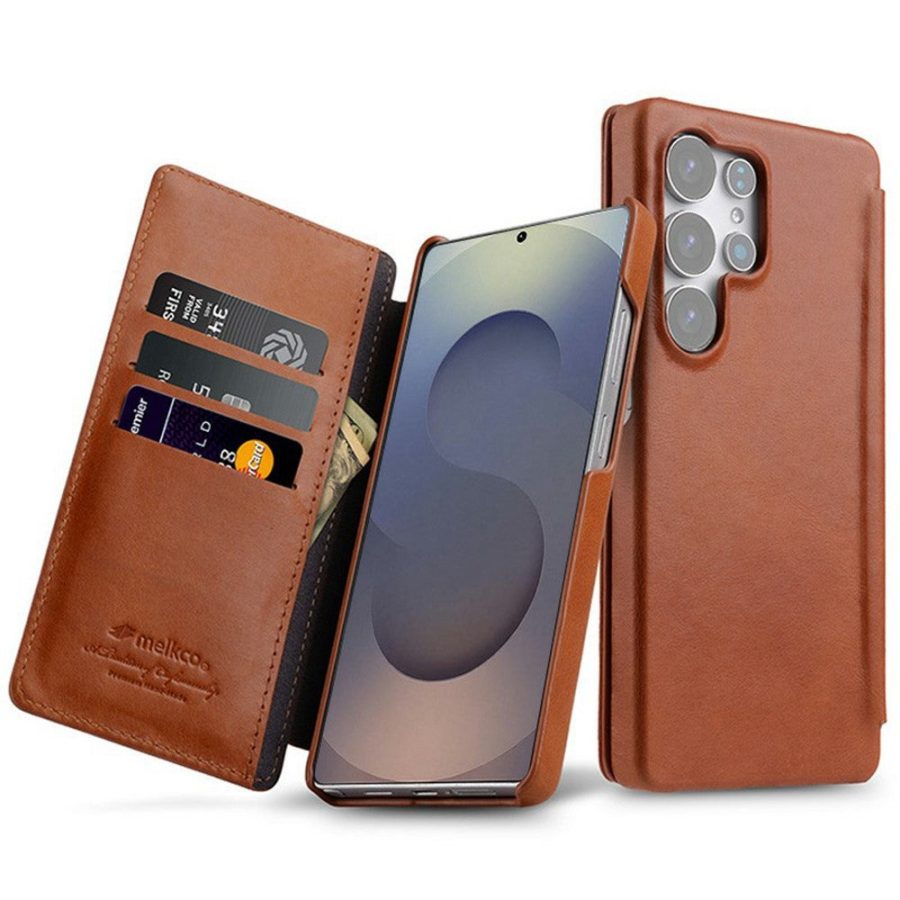 MELKCO Premium Waxy Genuine Leather Case for Samsung Galaxy S25 Ultra Flip Phone Cover with Card Slots