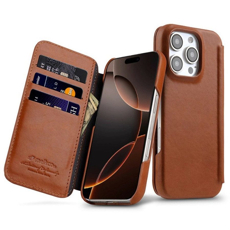 6601161390B-1 MELKCO For iPhone 16 Pro Max Case with Card Slots Genuine Leather Phone Cover | Compatible with MagSafe