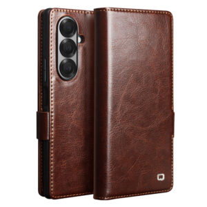 QIALINO For Samsung Galaxy Z Fold7 Wallet Case Waxy Genuine Leather Magnetic Closure Flip Phone Cover