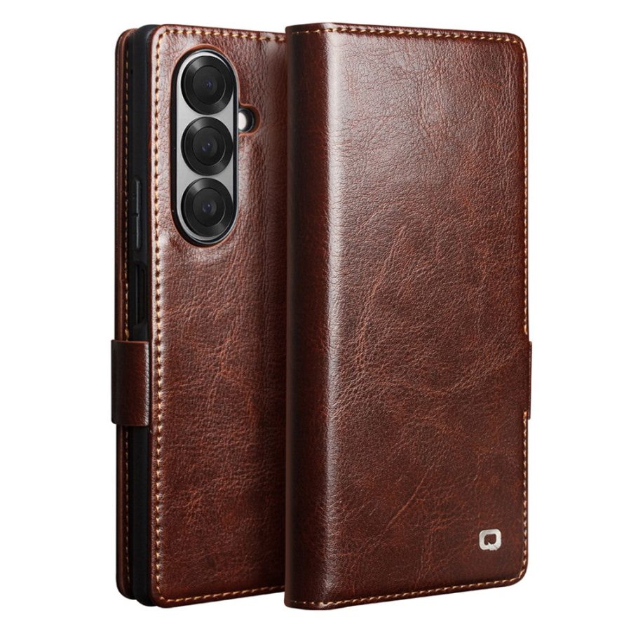 6601166909A-1 QIALINO For Samsung Galaxy Z Fold7 Wallet Case Waxy Genuine Leather Magnetic Closure Flip Phone Cover