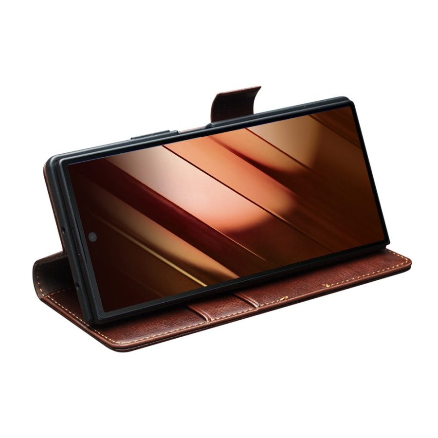 6601166909A-3 QIALINO For Samsung Galaxy Z Fold7 Wallet Case Waxy Genuine Leather Magnetic Closure Flip Phone Cover