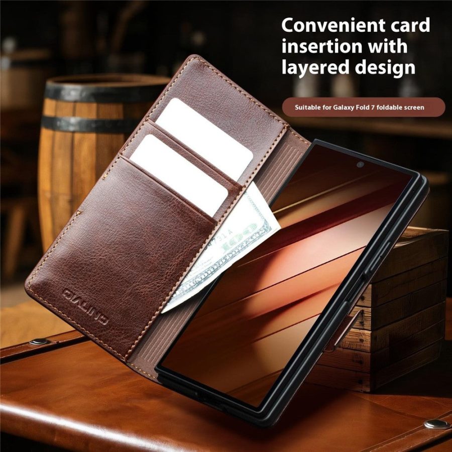 6601166909A-4 QIALINO For Samsung Galaxy Z Fold7 Wallet Case Waxy Genuine Leather Magnetic Closure Flip Phone Cover