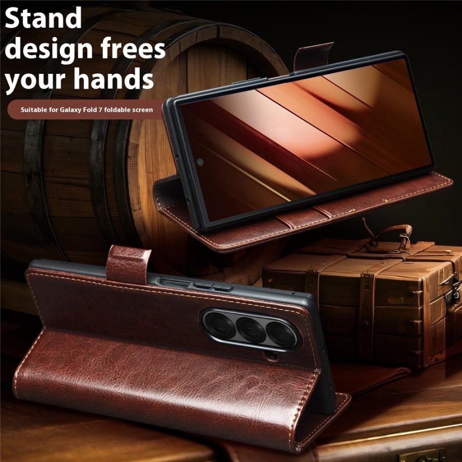 6601166909A-6 QIALINO For Samsung Galaxy Z Fold7 Wallet Case Waxy Genuine Leather Magnetic Closure Flip Phone Cover