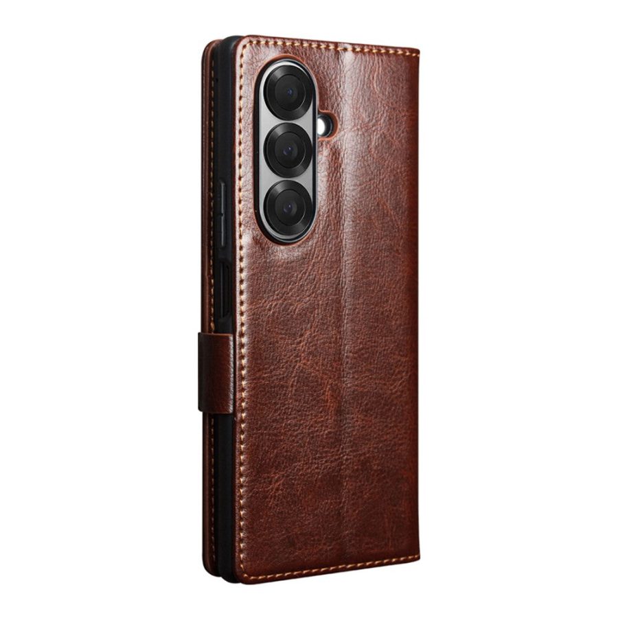 6601166909A-8 QIALINO For Samsung Galaxy Z Fold7 Wallet Case Waxy Genuine Leather Magnetic Closure Flip Phone Cover