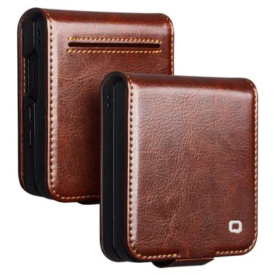 6601166910A-1 QIALINO For Samsung Galaxy Z Flip7 Case Waxy Genuine Leather Flip Phone Cover with Card Holder