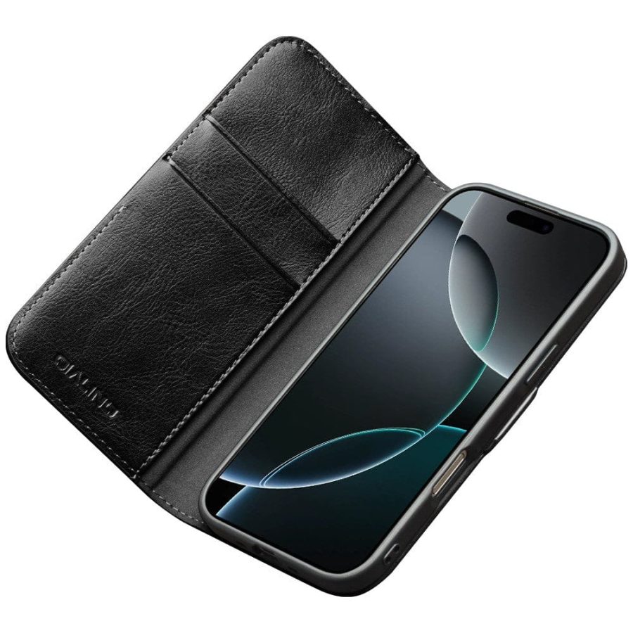 QIALINO For iPhone 17 Pro Case with Card Holder Genuine Leather Stand Phone Cover