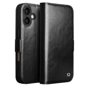 QIALINO For iPhone 17 Case with Card Holder Genuine Leather Stand Phone Cover