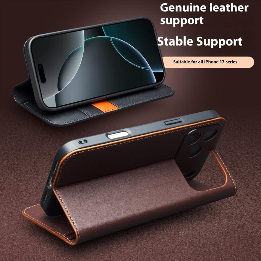 QIALINO For iPhone 17 Pro Case Wallet Flip Stand Genuine Leather Phone Cover