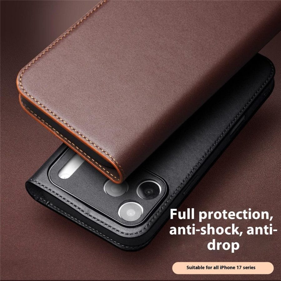 QIALINO For iPhone 17 Pro Case Wallet Flip Stand Genuine Leather Phone Cover