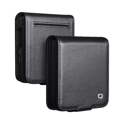 6601171537A-1 QIALINO For Samsung Galaxy Z Flip7 Case Litchi Textured Genuine Leather Flip Phone Cover with Card Holder