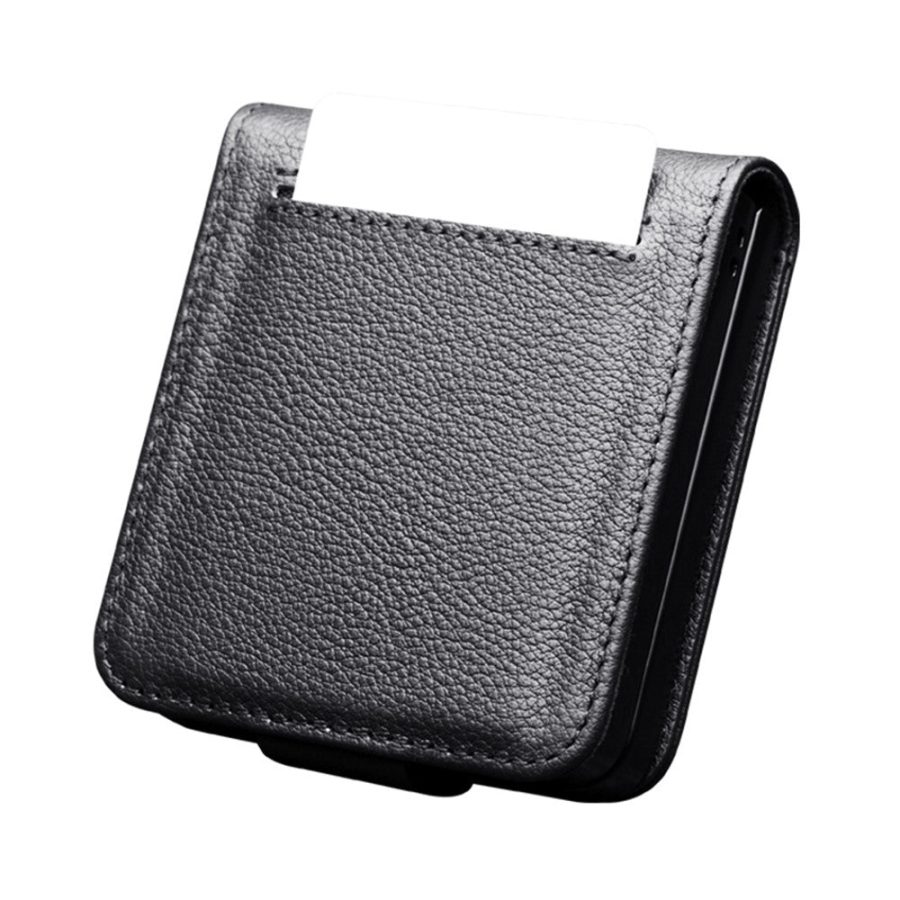6601171537A-2 QIALINO For Samsung Galaxy Z Flip7 Case Litchi Textured Genuine Leather Flip Phone Cover with Card Holder