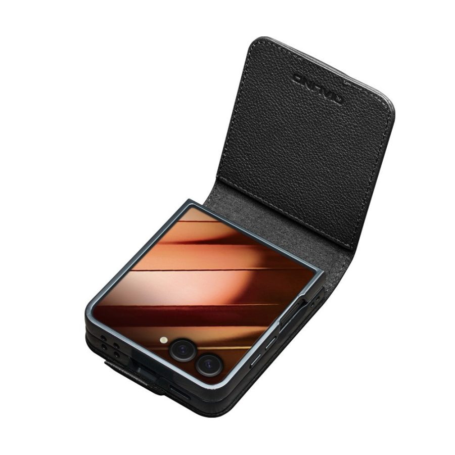 6601171537A-3 QIALINO For Samsung Galaxy Z Flip7 Case Litchi Textured Genuine Leather Flip Phone Cover with Card Holder