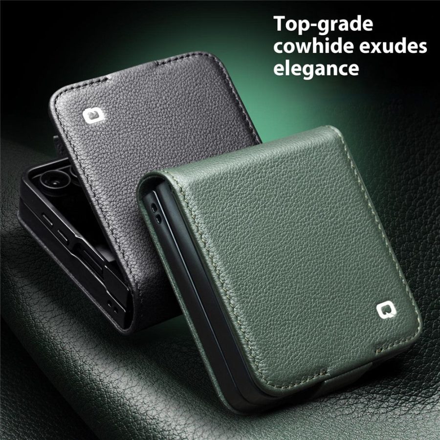 6601171537A-4 QIALINO For Samsung Galaxy Z Flip7 Case Litchi Textured Genuine Leather Flip Phone Cover with Card Holder